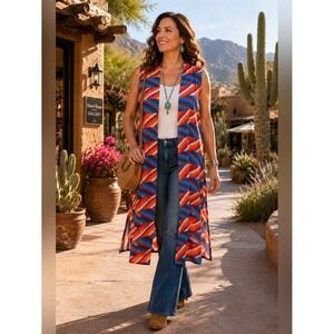 LuLaRoe Joy Duster Vest S Blue Orange Southwest‎ Geometric Long Sleeveless Boho